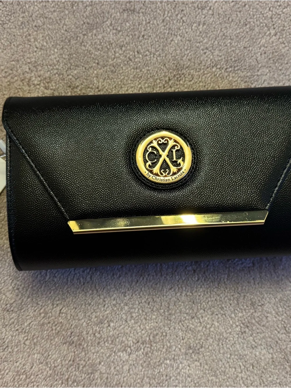 Christian Lacroix Black Leather Clutch with Gold Emblem
